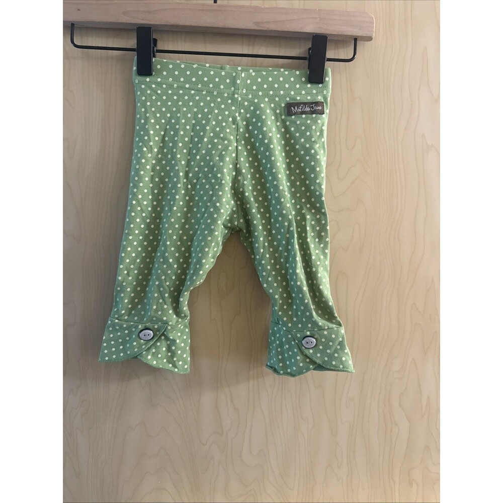 green Matilda Jane leggings with white polka dots and button ankle 18-24 M